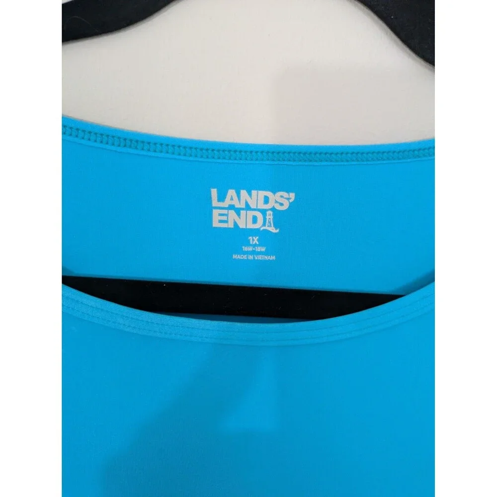 LANDS' END Womens 1X Stretchy Rash Guard Swim Shirt Bright Turquoise Blue Beach - Picture 2 of 13